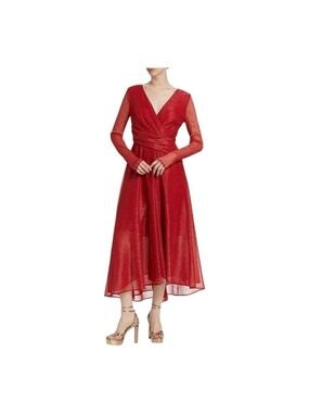 Women's Talbot Runhof Red Metallic Voile Long Sleeve Midi Dress Size 6 (36)
